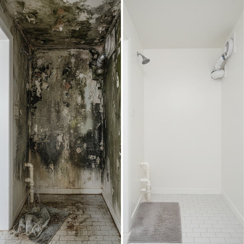 Before and after mold inspection & moisture assessment in Upper Saddle River split-level home bathroom