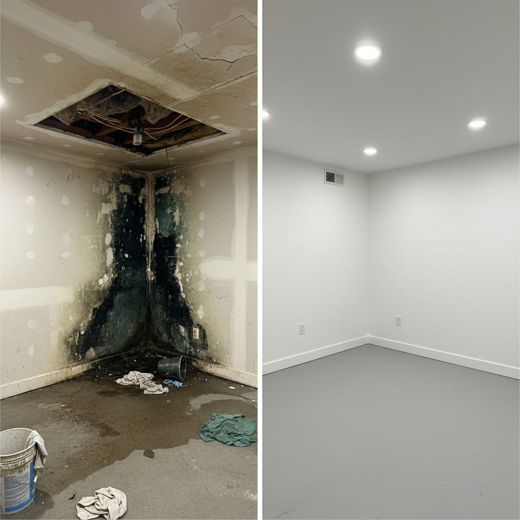 Attic & Crawl Space Mold Removal before and after in finished basement, Upper Saddle River NJ