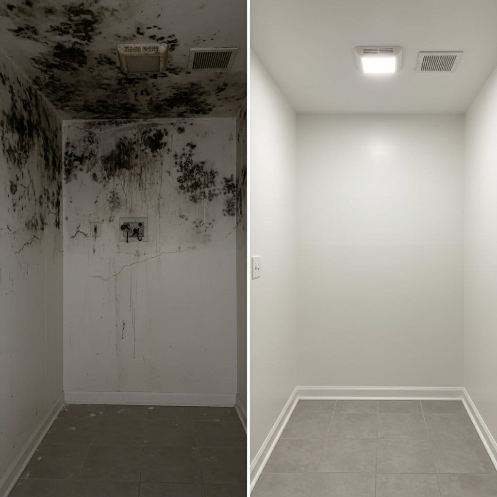 Before and after basement & foundation mold removal in Upper Saddle River private residence bathroom