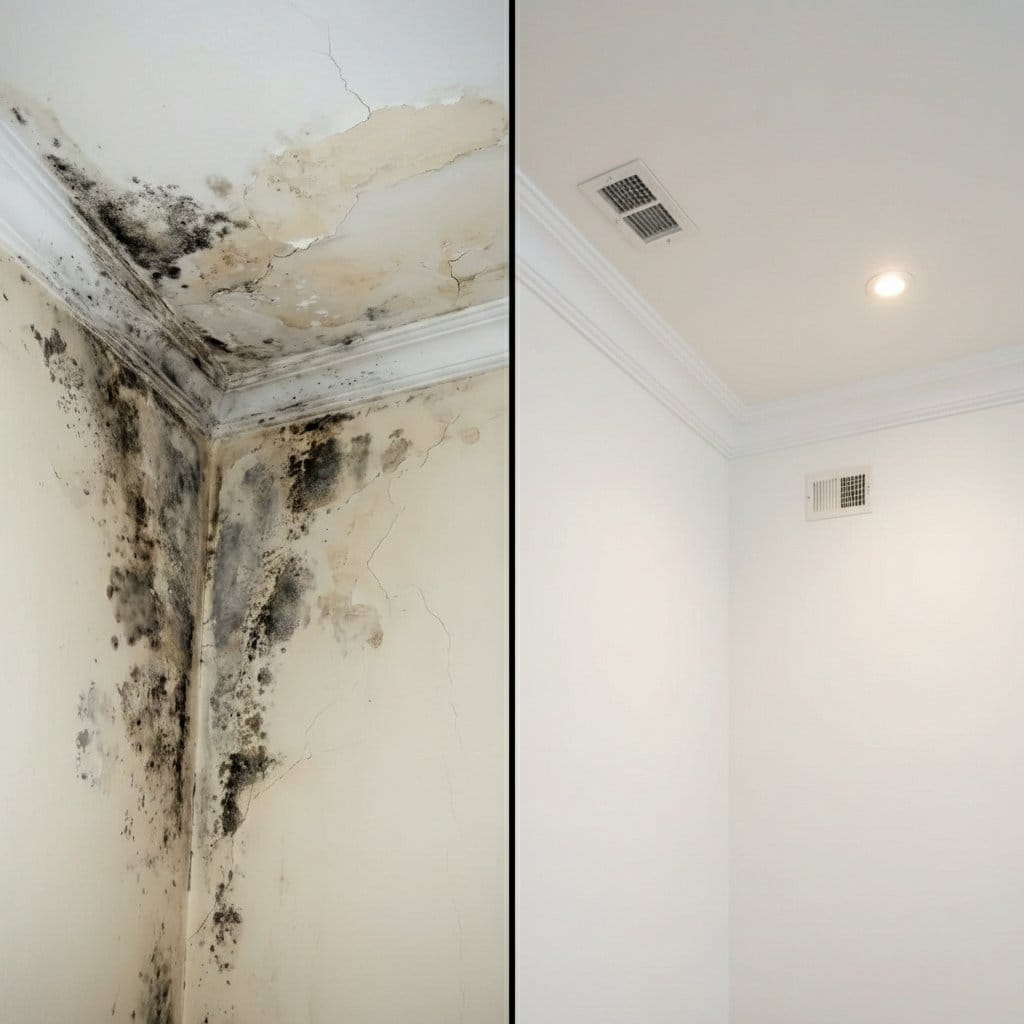 Before and after bathroom & kitchen mold removal in Upper Saddle River bi-level home bedroom