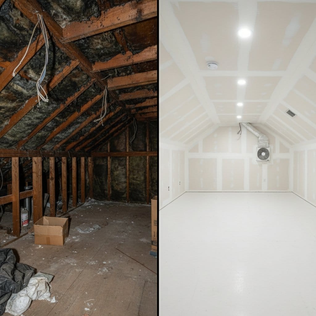 Before and after post-remediation cleaning & clearance in Upper Saddle River single-family home attic space