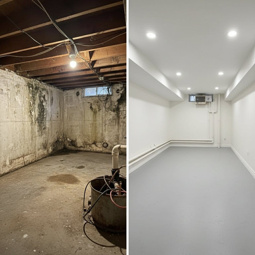 Upper Saddle River Mold Removal residential basement restoration before and after in Upper Saddle River