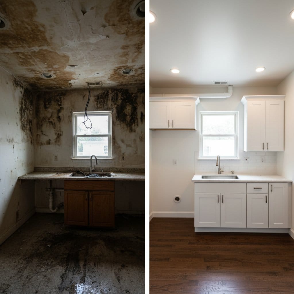Upper Saddle River Mold Removal home kitchen restoration before and after in Upper Saddle River